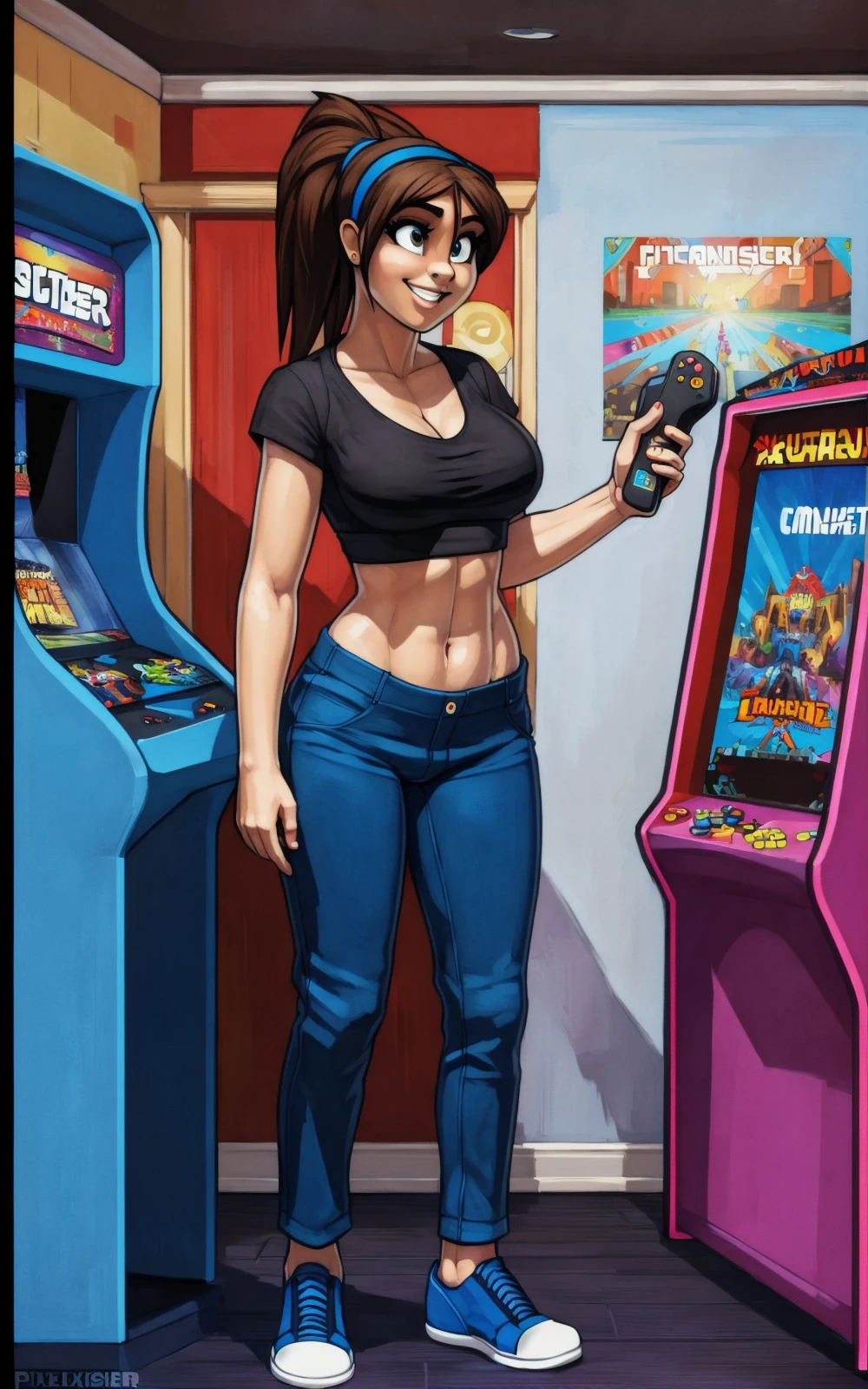 8k,4k,((Best quality, masterpiece, ultra high resolution)),((full body, by pixelsketcher)), <lora:Erika:0.8>,cleavage, brown hair,pants, blue pants, navel, midriff, crop top, shirt, black shirt, black crop top,ponytail, blue hairband,shoes, blue shoes,human,inside, room , vidiogames, consoles, controlers,posters,arcade,smile