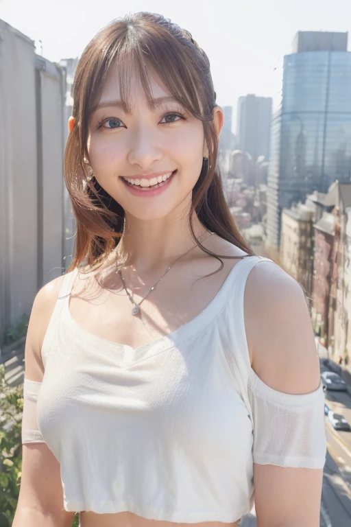 1girl, (white seamless camisole, cropped top:1.8),(sleeveless, off shoulder:1.4),(RAW photo, best quality), (realistic, photo-realistic:1.4), masterpiece, an extremely delicate and beautiful, extremely detailed, 2k wallpaper, Amazing, finely detail, extremely detailed CG unity 8k wallpaper, ultra-detailed, highres, soft light, beautiful detailed girl, extremely detailed eyes and face, beautiful detailed nose, beautiful detailed eyes,(cinematic lighting:1.4),(in the city:2.4),perfect anatomy,(slender body:1.6),(close up face:2.0),(laugh, friendly, warm:2.0),(looking at viewer:1.8),(japanese idol:1.8),(wavy light brown long hair:1.8), (brown eyes:1.8),(dynamic posing:1.8),   <lora:shiraishiharuka_lora-10:0.8>