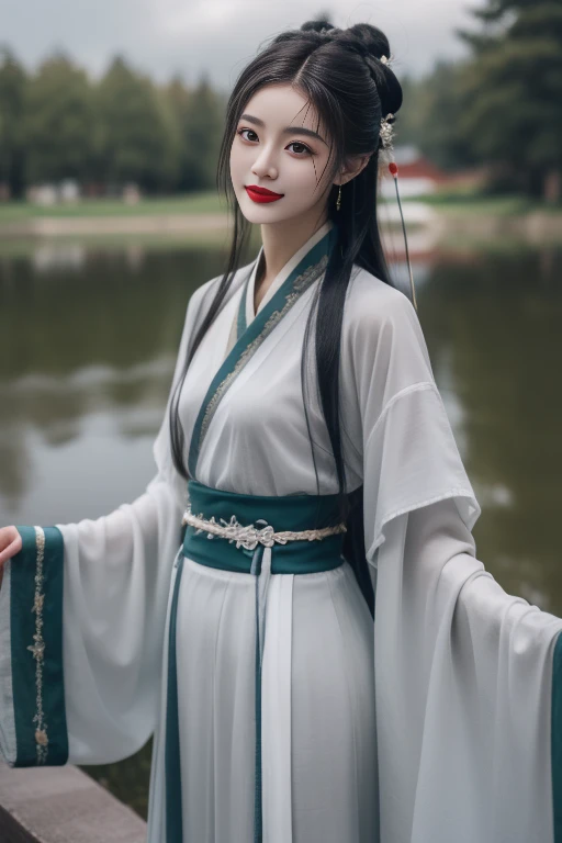 ltra-detailed,highly detailed,best quality,masterpiece,illustration,realistic,photorealistic,
hanfu-jingzhi, 1girl, solo,
hanfu, chinese clothes, wide sleeves, long sleeves, sash, see-through, layered clothes, traditional dress, green dress,
black hair, long hair,hair ornament, ribbon, hair bun,
red lips, lipstick, black eyes, makeup, light smile,
looking at viewer, standing, cowboy shot,
outdoors, photo background, cloud, grey sky, cloudy sky, day, rain, water,wet,wiind,
<lora:hanfu jingzhi_v1_02:0.9>