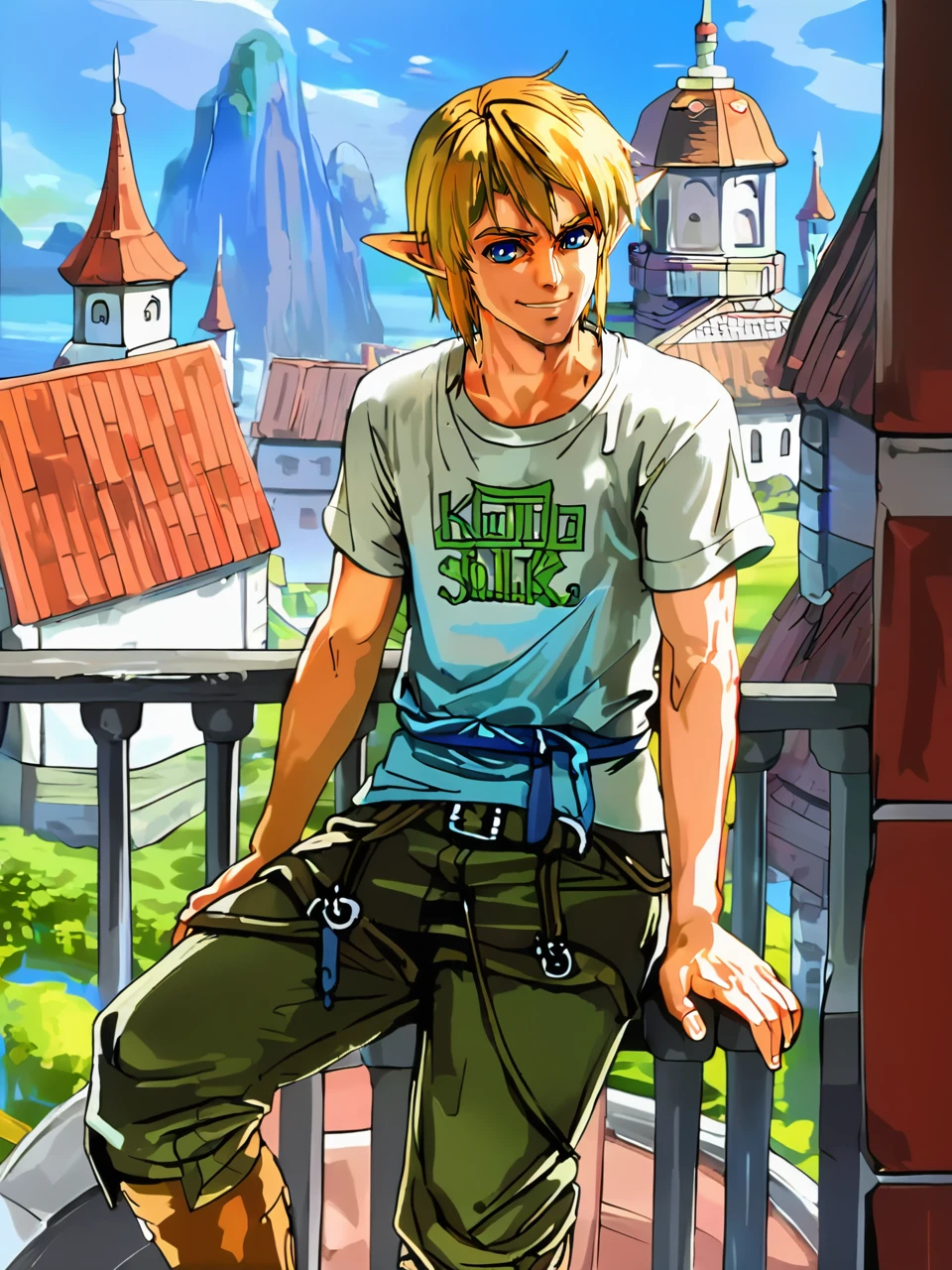 art by Akiman, link, solo, looking at viewer, smug, a painting of a person in a beautiful balcony, thigh straddling, t-shirt, capri pants