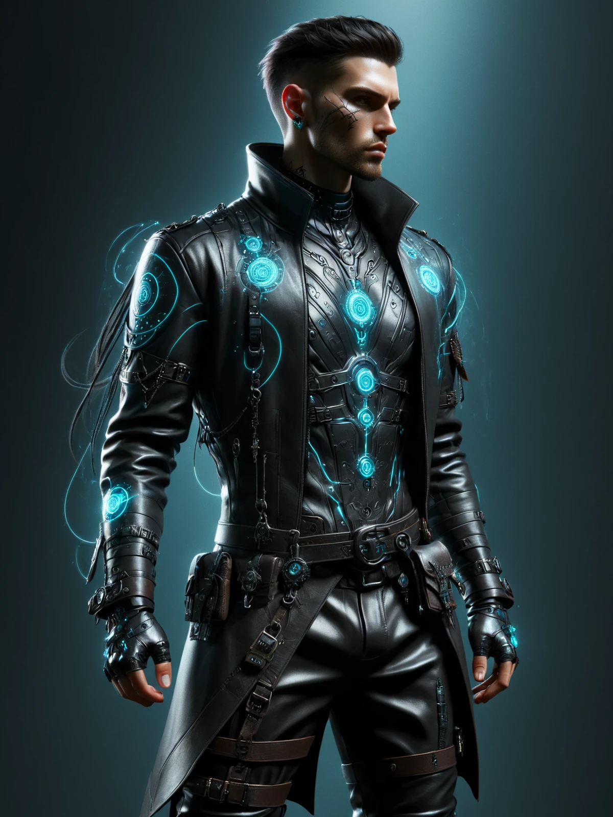 man, cyberpunk, streetmage, leather clothes, dynamic pose <lora:Cyberpunk_Techno-Mages_SDXL:1>, (masterpiece:1.2), best quality