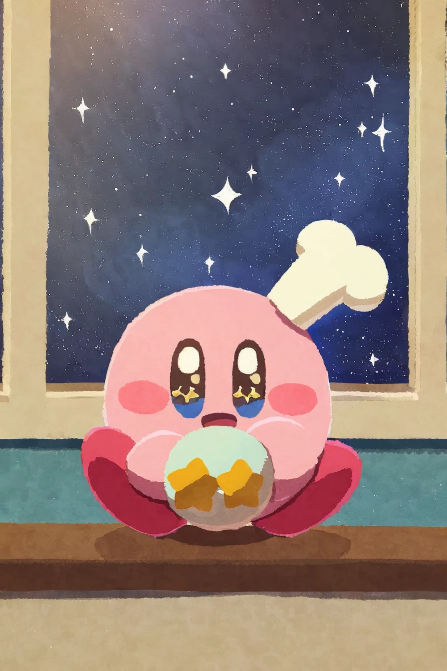 Ara love kirby style, kirby, food, hat, chef hat, no humans, blush stickers, sparkling eyes, sparkle, star (symbol), open mouth, solo, holding, smile, sky, ice cream, star (sky), white headwear, sitting