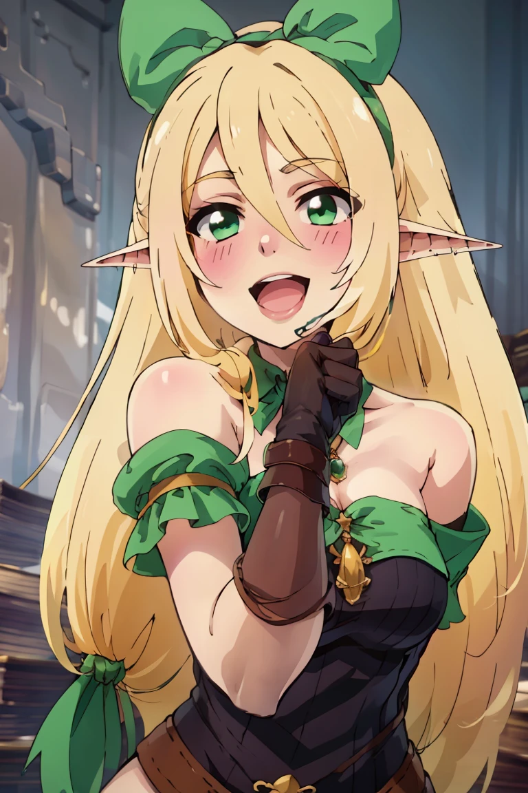 ((masterpiece,best quality)), absurdres,
<lora:Isekai_Onsen_Paradise:0.8>,
1girl, solo, long hair, blush, open mouth, blonde hair, gloves, hair between eyes, green eyes, hairband, pointy ears, elf, green bow, bare shoulders,
looking at viewer, smile,