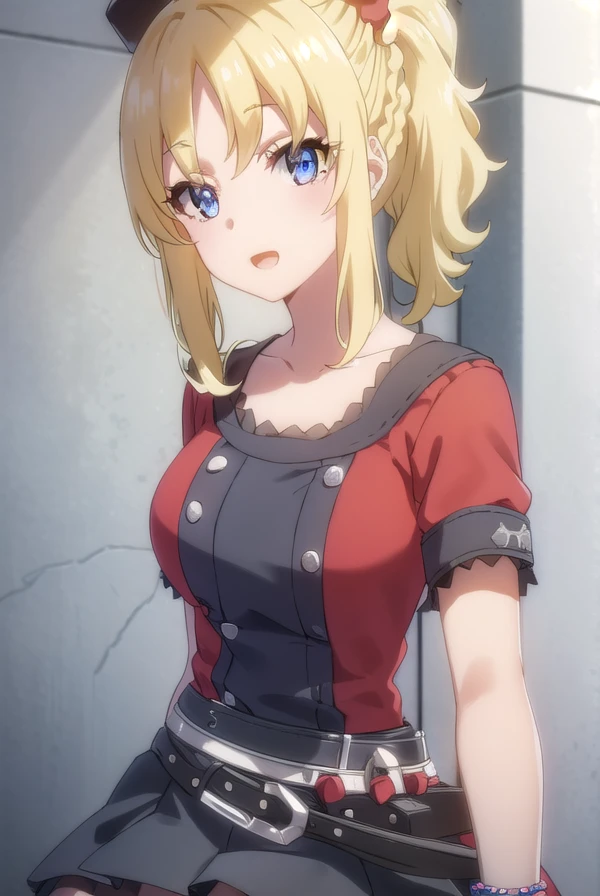 nodokatoyohama, <lora:nodoka toyohama s1-lora-nochekaiser:1>,
nodoka toyohama, bangs, blue eyes, blonde hair, hair ornament, sidelocks, side ponytail, scrunchie, hair scrunchie, blue scrunchie, braid, smile, open mouth,
BREAK skirt, shirt, thighhighs, hat, jewelry, belt, black thighhighs, bracelet, garter straps, mini hat, top hat, layered skirt, idol, mini top hat, (red shirt:1.2), collarbone,
BREAK indoors, concert,
BREAK looking at viewer, (cowboy shot:1.5),
BREAK <lyco:GoodHands-beta2:1>, (masterpiece:1.2), best quality, high resolution, unity 8k wallpaper, (illustration:0.8), (beautiful detailed eyes:1.6), extremely detailed face, perfect lighting, extremely detailed CG, (perfect hands, perfect anatomy),