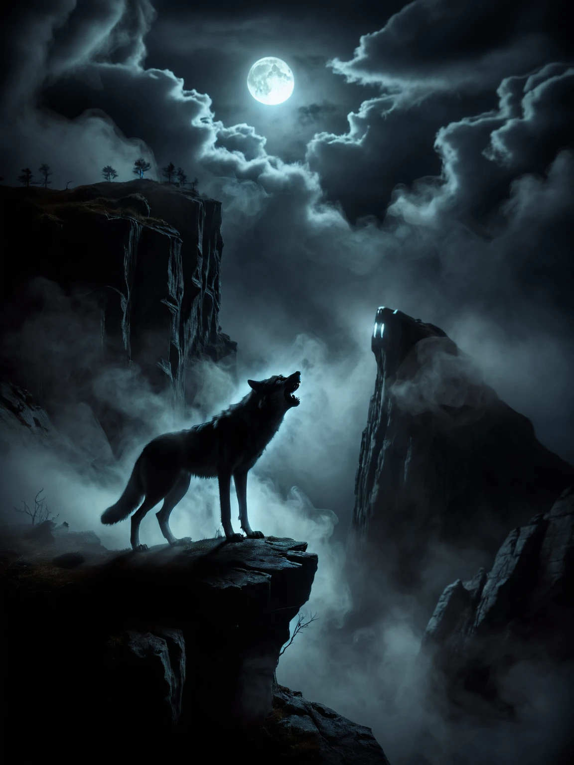 ais-sinisterz,  a wolf stood on the edge of a cliff, howling at the moon <lora:Sinister_Style_SDXL:1>