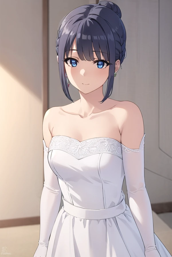 shoukomakinohara, <lora:shouko makinohara s1movie-lora-nochekaiser:1>, 
shouko makinohara, blue eyes, black hair, braid, smile,
BREAK hair bun, french braid, single hair bun, gloves, dress, bare shoulders, jewelry, collarbone, earrings, elbow gloves, white gloves, white dress, strapless, white flower, strapless dress, wedding dress, long dress,
BREAK indoors, church,
BREAK looking at viewer, (cowboy shot:1.5),
BREAK <lyco:GoodHands-beta2:1>, (masterpiece:1.2), best quality, high resolution, unity 8k wallpaper, (illustration:0.8), (beautiful detailed eyes:1.6), extremely detailed face, perfect lighting, extremely detailed CG, (perfect hands, perfect anatomy),