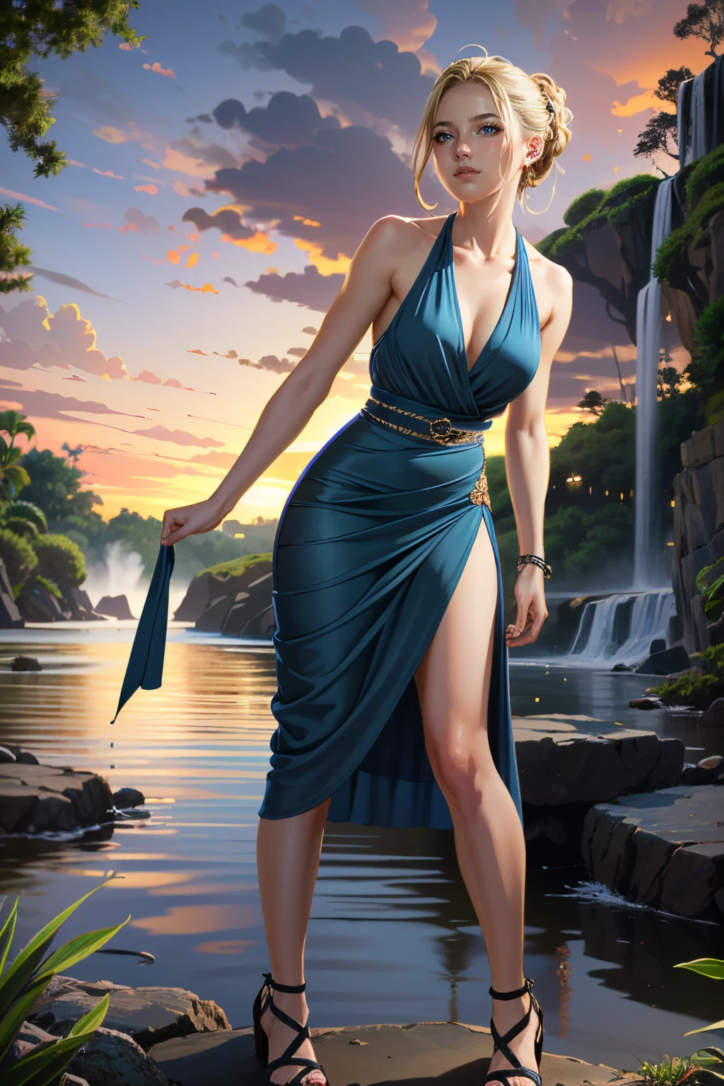 ((ultra detailed, masterpiece, absurdres))
<lora:UncElena:0.9>
UncElena, 1girl, solo, blue eyes, blonde hair, Midi wrap dress, block heel sandals , in front of Surreal floating gardens, cascading waterfalls, dynamic sunset hues, detailed exotic flowers