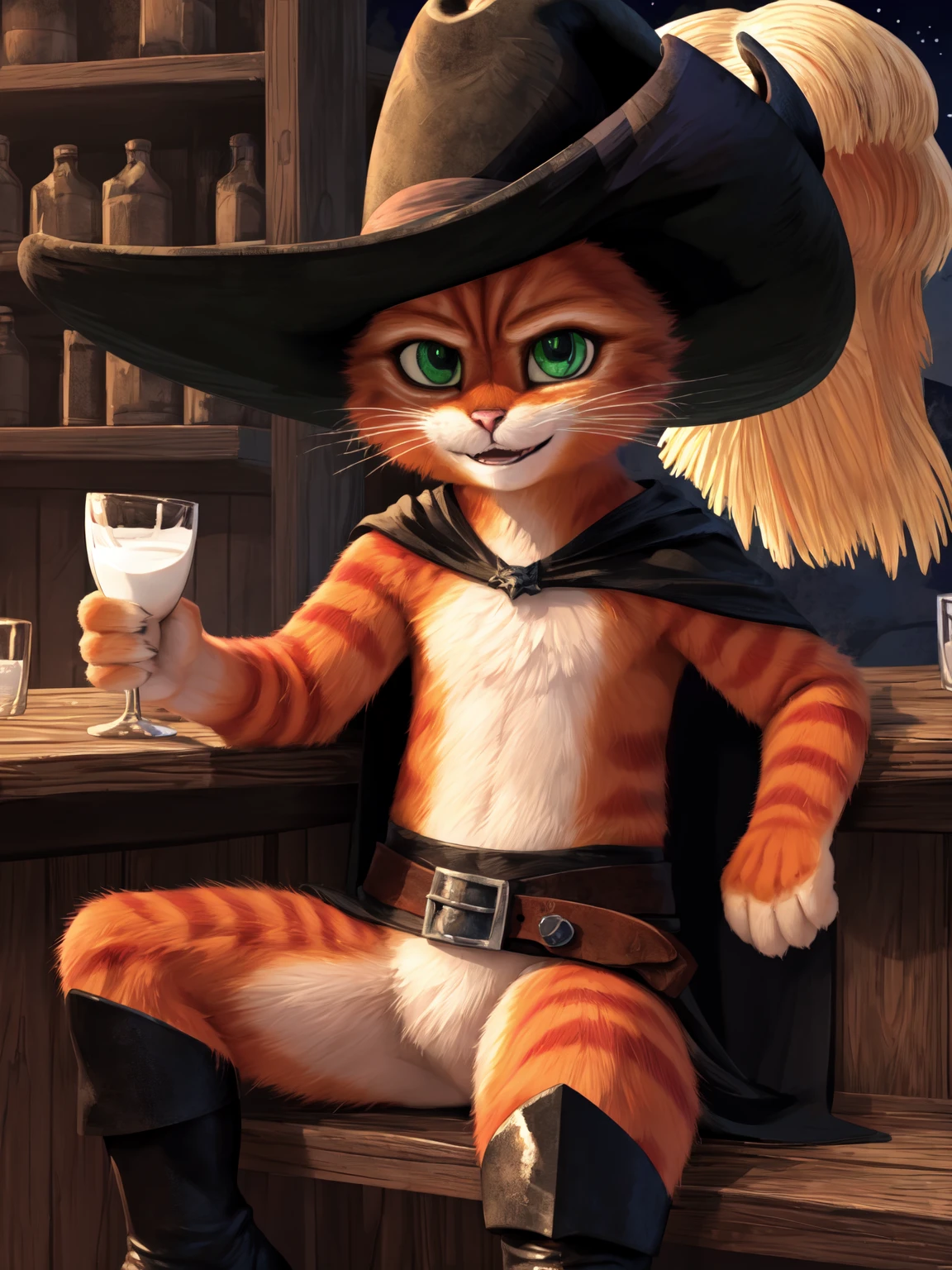 (masterpiece, high quality, best quality:1.2), puss in boots \(character\), solo, green eyes, black cape, hate, hat feather, belt, black boots, looking at viewer, dim lighting, night, tavern, sitting, smiling, holding glass of milk <lora:puss-in-boots-fluffyrock1.5-v2:1>