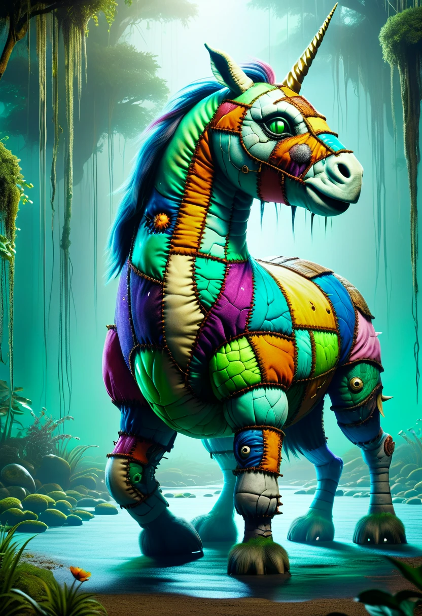 hyper detailed masterpiece, dynamic realistic digital art, awesome quality,DonMFr4nk3nst31nXL sewn together patchwork abomination unicorn, water dwelling creature, humanoid appearance with a turtle like shell, webbed hands and feet, beak located on head, dishl-ike depression on its head holding water, greenish scaly skin, strength, mischievous , hyper detailed masterpiece, dynamic realistic digital art, awesome quality,wizard's sands,necrotic chesire cat's disappear,old-fashioned celestial transit caustics rendering,faster-than-light (ftl) travel, miserable,tall trees,festal,neat,umbra,simple,serene,escheresque,rotten,hostile, , sinister, eerie <lora:DonMFr4nk3nst31nXL-000008:0.8>