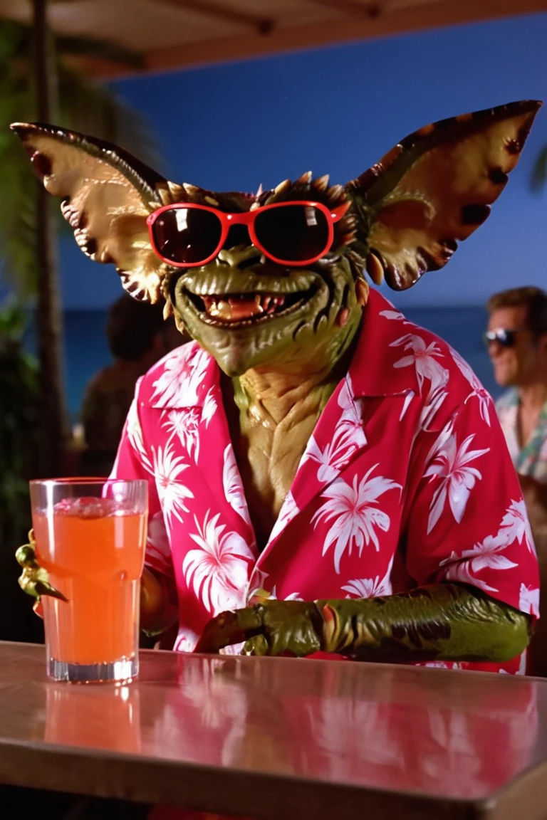 full shot, jdgremlin creature with sunglasses in hawaii shirt, sitting at club, having a drink, nighttime, rendered eyes
<lora:JDGremlin_JuggernautXL_8_v1:.8>