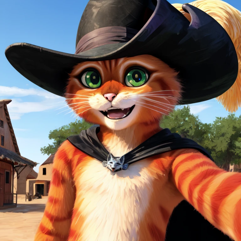 (masterpiece, high quality, best quality:1.2),
puss in boots /\(character/\), anthro, solo, green eyes, black hat, hat feather, black cape, spanish village, outside, sky, open smile, looking at viewer,
<lora:puss-000014:1>