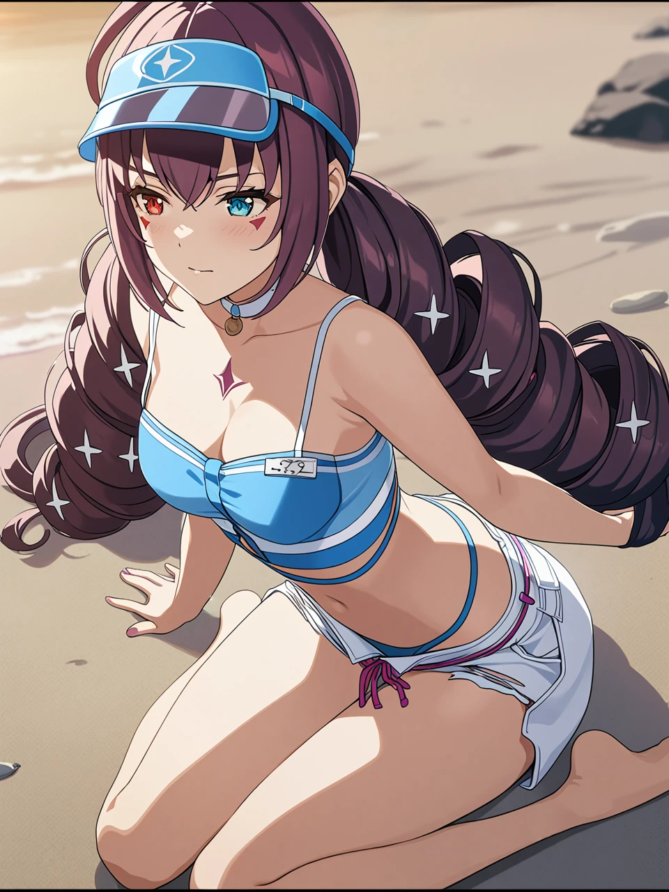 lulucaswim, purple hair, very long hair, twintails, ahoge, heterochromia, facial mark, blue bikini, short shorts, visor cap, 1girl, solo
BREAK
sitting, wariza, beach, sandy shore, ocean waves, sunset, depth of field, cinematic, game cg, anime screencap, official art, masterpiece, best quality
<lora:dsluluca_a3b:1>