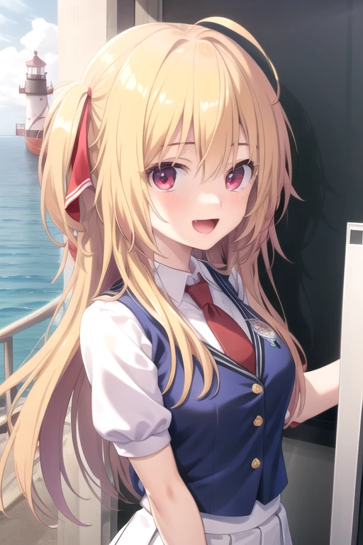 ((masterpiece)),(best quality),official art,extremely detailed CG,unity 8k wallpaper,ultra detailed,beautiful detailed eyes,extremely detailed face,A lighthouse on a cliff by the sea,1girl,solo,upper body,(portrait:1.5),looking at viewer,facing viewer,very long hair,blonde hair,hair ribbon,one side up,bow,red ribbon,ahoge,hair between eyes,bangs,red eyes,:d,school uniform,collared vest,blue vest,red necktie,collared shirt,white shirt,puffy short sleeves,medium breasts,miniskirt,white skirt,pleated skirt,frills,white socks,loafers,<lora:Segawa Emi(rk)>,