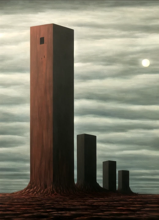 amazing quality, best quality, oil painting, suguru_tanaka, monolith, in the void, city in the background, guts, black sky, dark sky