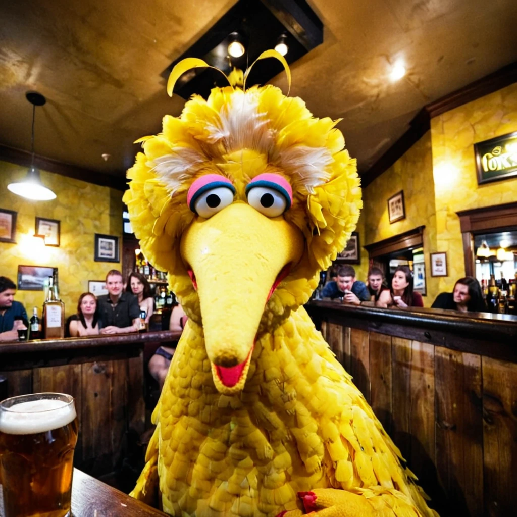 analog film photo Bigbird1024, a giant yellow bird takes a selfie in a pub, in the style of fisheye effects, somber mood, strong facial expression, tilt shift <lora:Bigbird1024-000255:0.7> . faded film, desaturated, 35mm photo, grainy, vignette, vintage, Kodachrome, Lomography, stained, highly detailed, found footage