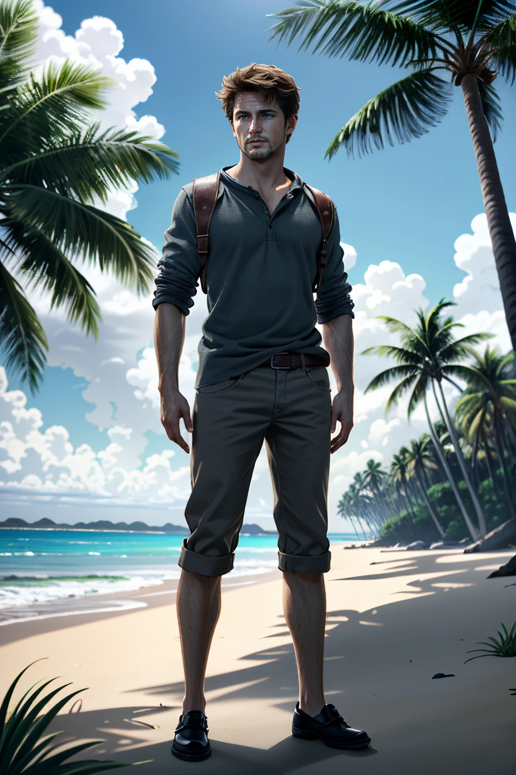 ((ultra detailed, masterpiece, absurdres))
<lora:UncNathan:0.9>
UncNathan, 1boy, solo, short hair, brown hair, full body, tropical Island, palm tree, ocean