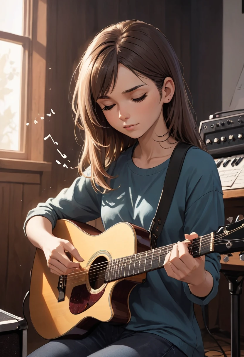 A musician tuning a guitar, the vibrations from the strings diffusing through the air. a girl holding a pen