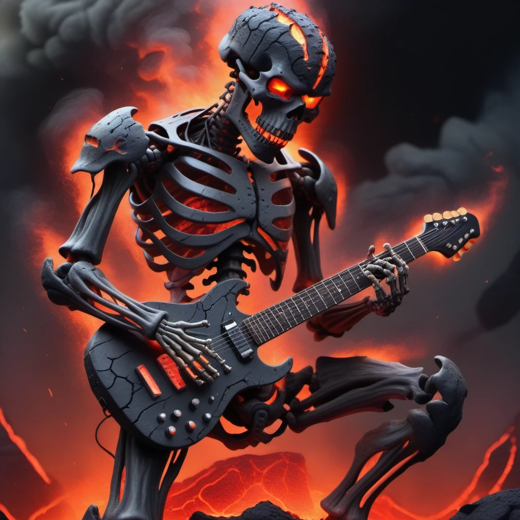 <lora:World_of_Brimstone_XL:1>, scifi,  skeleton playing an electric guitar, armoured, helmet, lava, cracks, made of brimstone, brathing fire, red glowing eyes