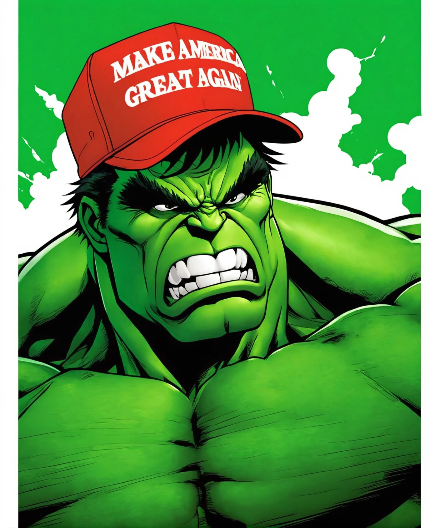 man wearing red maga hat, upper body, anime cartoon illustration, comics style, green hulk in rage , professional, photo, high quality, highres, ([:hat with text "make america great again":0.25]:1.1),
 <lora:maga_hat_1-000140:0.95>