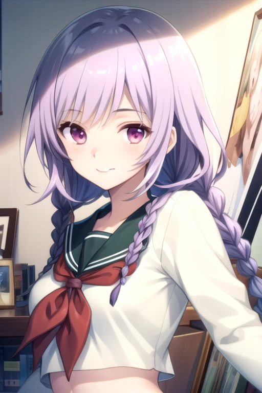 ((masterpiece)),(best quality),official art,extremely detailed CG,unity 8k wallpaper,ultra detailed,beautiful detailed eyes,extremely detailed face,1girl,solo,upper body,(portrait:1.5),looking at viewer,facing viewer,smile,long hair,purple hair,twin braids,bangs,purple eyes,school uniform,serafuku,green sailor collar,long sleeves,white shirt,medium breasts,red neckerchief,navel,green skirt,pleated skirt,socks,loafers,<lora:Soraji Tsubaki(rk)>,