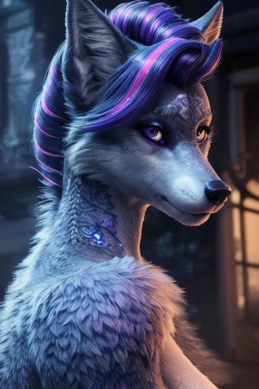 ASCIIFemale, (((anthro))), (((fluffy female wolf, dark blue with bright purple streaks, side cut hairstyle, intricate hair style)))detailed, ambient light, (detailed lighting), (ambient light on the body),(((sharp focus, masterpiece, 8k, 4k, raw photo, best quality, hi res, high resolution, high details, ultra realistic, absurd res, ray tracing))), (eyelashes), (tail),