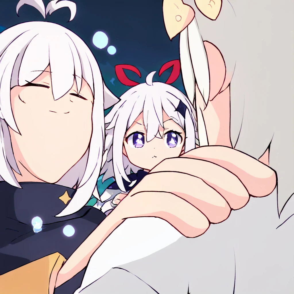 <lora:xl_paimeng girl2-000008:1>,paimeng girl,white hair,Special clothing, <lora:memehand:0.85> ,holdmyhand