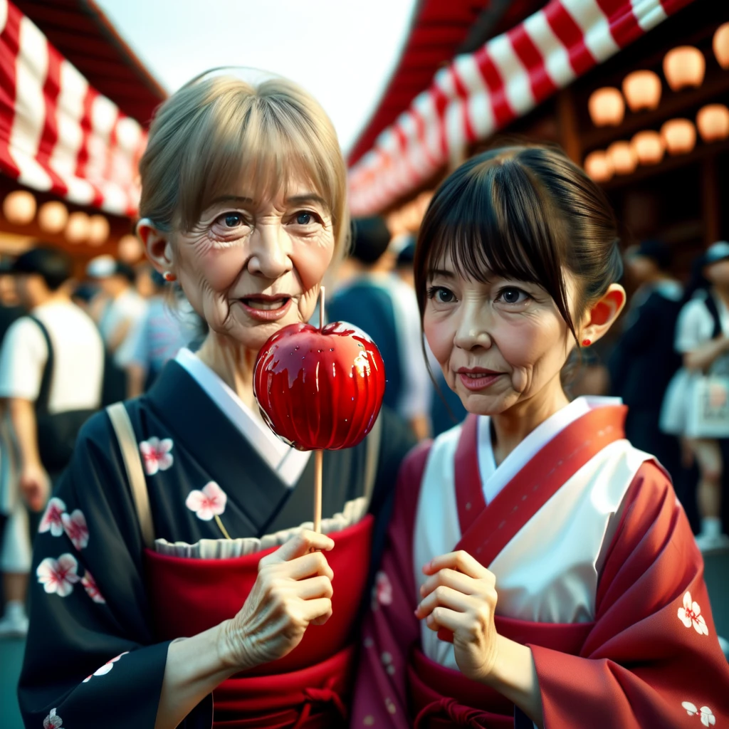 <lora:candy_apple_v1:0.7>, 2girls, RGAM, old woman, candy apple, japanese clothes, Festival