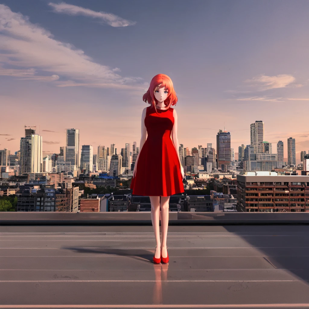 <lora:Skyline_1.0:0.5> 1girl, standing, red dress, Roof_Skyline, sky