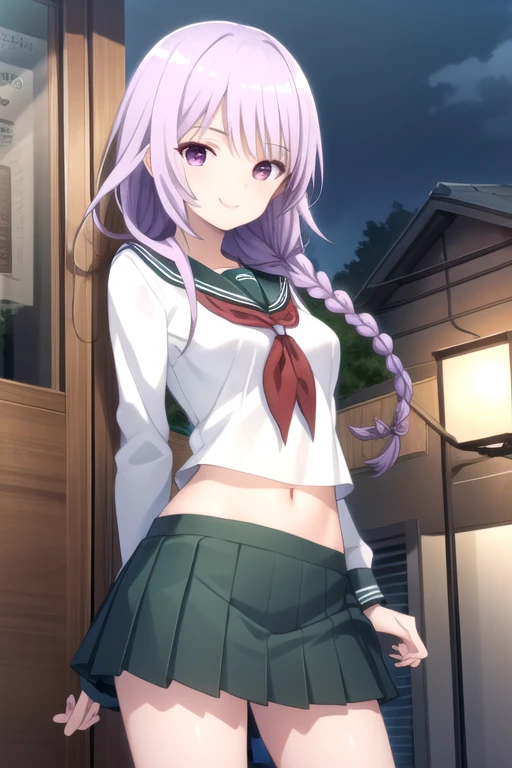 ((masterpiece)),(best quality),official art,extremely detailed CG,unity 8k wallpaper,ultra detailed,beautiful detailed eyes,extremely detailed face,1girl,solo,cowboy shot,looking at viewer,facing viewer,smile,long hair,purple hair,twin braids,bangs,purple eyes,school uniform,serafuku,green sailor collar,long sleeves,white shirt,medium breasts,red neckerchief,navel,green skirt,pleated skirt,socks,loafers,<lora:Soraji Tsubaki(rk)>,