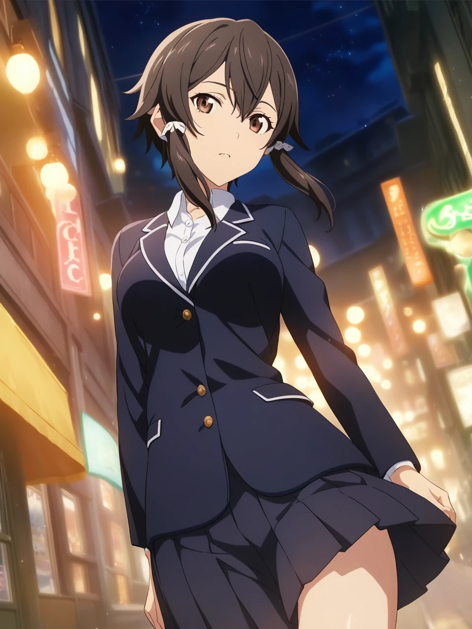 dsshino, brown eyes, short hair, black hair, sidelocks, hair ribbon, medium breasts, school uniform, dress shirt, blazer, pleated skirt, 1girl, solo
BREAK
city street, night, lights, depth of field, cinematic, game cg, anime screencap, official art, masterpiece, best quality
<lora:dssinon_a3b:1>