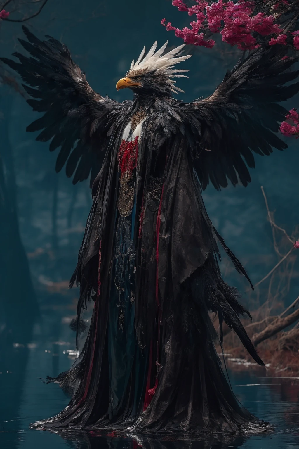 1 eagle,full body,feathers,wings,standing under the peach tree,black_theme,Horror Scene,<lora:éº»è¢NSFW2024-001æææ»¤é:0.7>,<lora:éº»è¢2024-022ææé¸æé0.4-0.9_1:0.7>,, masterpiece,best quality,ultra-detailed,