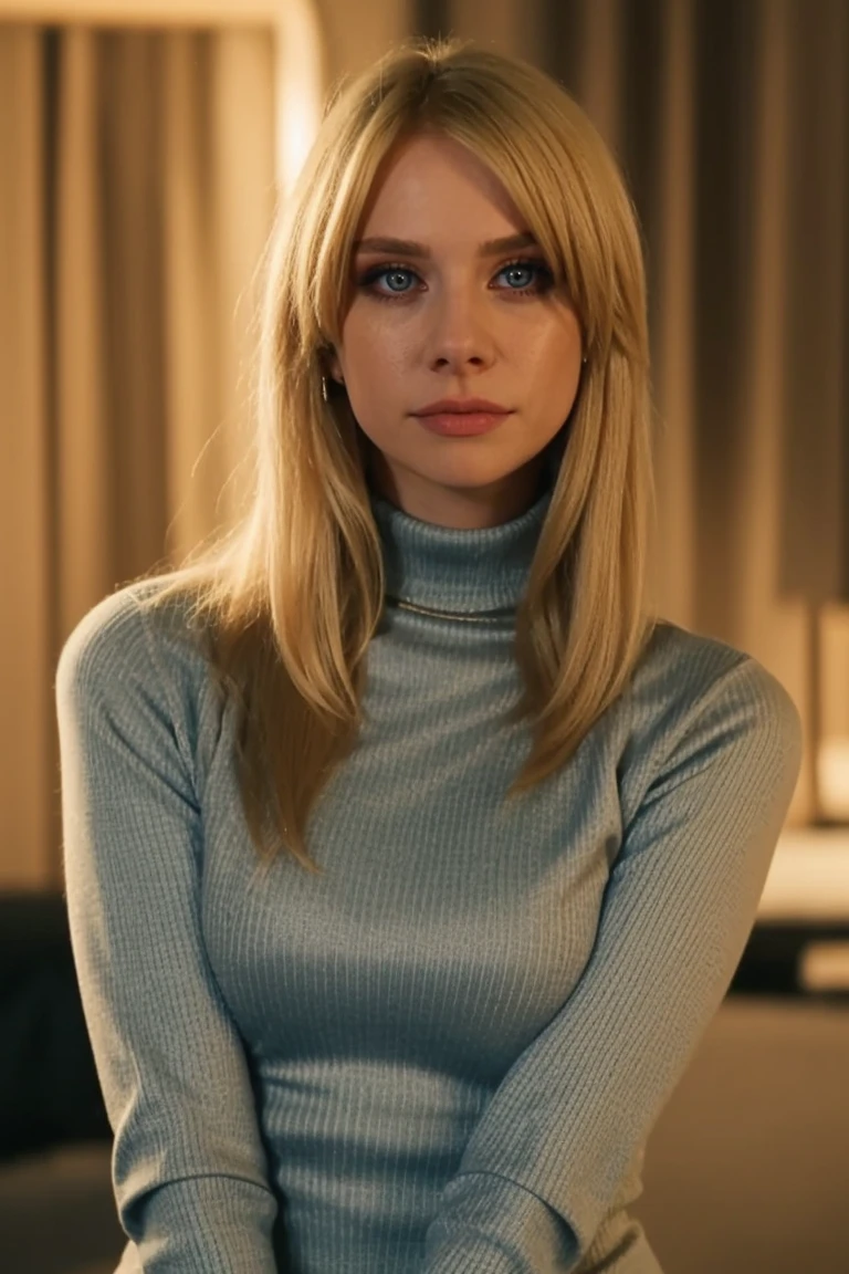 <lora:mondongo_LoRA_MaddiePhillips:1> mndngwmn, blond hair,blue eyes, eyeliner, (3/4 body), wearing a turtleneck bodycon dress