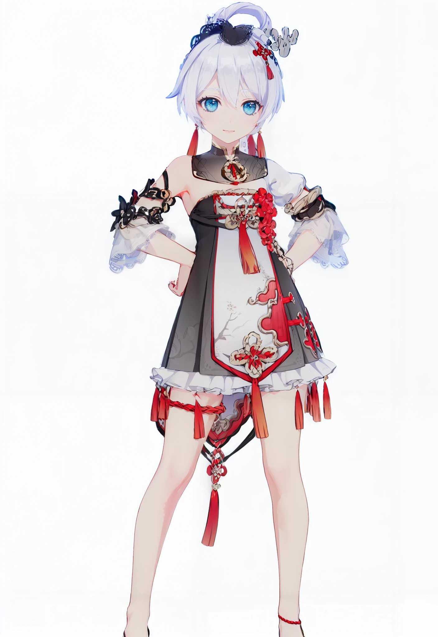 8k,best quality,masterpiece,(ultra-detailed:1.1),(high detailed skin),
(full body:1.3),white background,standing,looking at viewer,(solo:1.4),hand on hip,
<lora:chunlai-v100:0.8>,chunlai,1girl,blue eyes,chinese clothes,white hair,theresa apocalypse,bangs,dress,hair ornament,
(white background, simple background:1.6),
(beautiful_face),((intricate_detail)),clear face,
((finely_detailed)),fine_fabric_emphasis,
((glossy)),full_shot,