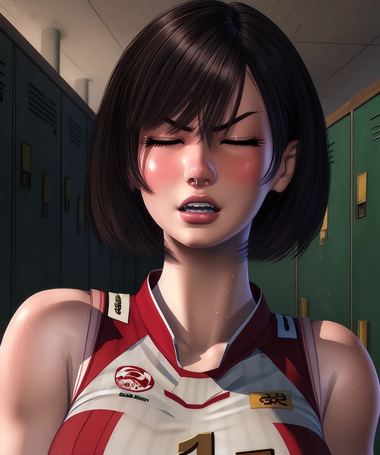 kaori,brown hair,brown eyes,short hair,rolling eyes,tongue out
volleyball uniform,sleeveless,number 7,
standing,upper body,
locker room,
(insanely detailed, beautiful detailed face, masterpiece, best quality),solo,