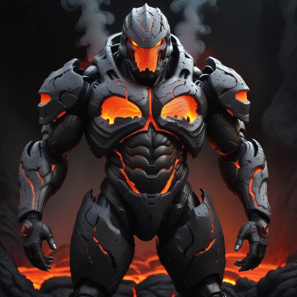 <lora:World_of_Brimstone_XL:1>, scifi, muscular, doom guy, armoured, helmet, lava, cracks, made of brimstone,