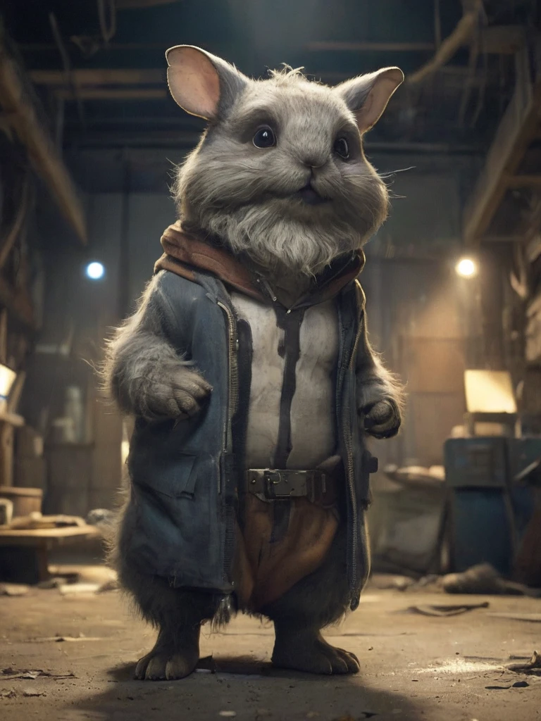 a cute little anthropomorphic hairy cartoon chinchilla which is sporting a beard inside an abandoned workshop, nighttime, lowkey, <lora:- SDXL - brdanmu_ beard_mustache_hair_V2.0:.9>