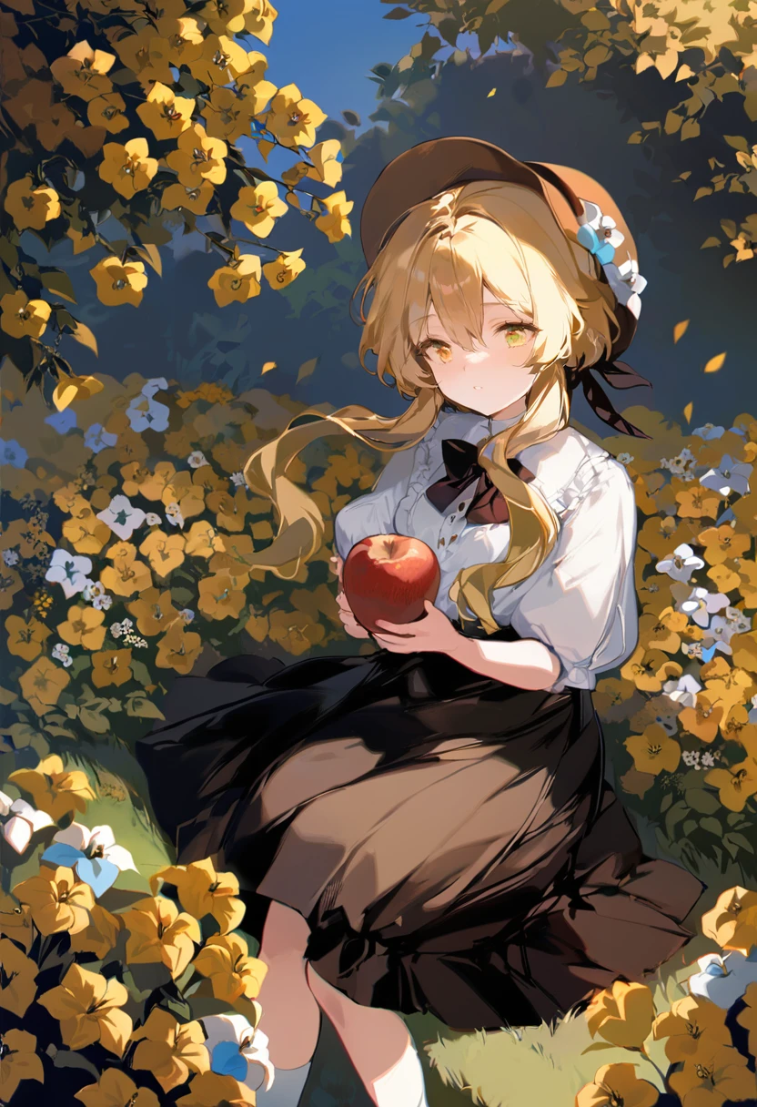 masterpiece, best quality, <lora:OH4XL_V1:1>1girl, food, solo, fruit, apple, holding, flower, holding food, hat, blonde hair, holding fruit, lumine \(genshin impact\), dress, bow, yellow eyes, white flower, short sleeves, shirt, green eyes, bangs, white shirt, puffy sleeves, long hair, yellow flower, red bow, short hair with long locks, bowtie, hair between eyes, skirt, brown headwear, puffy short sleeves, black skirt