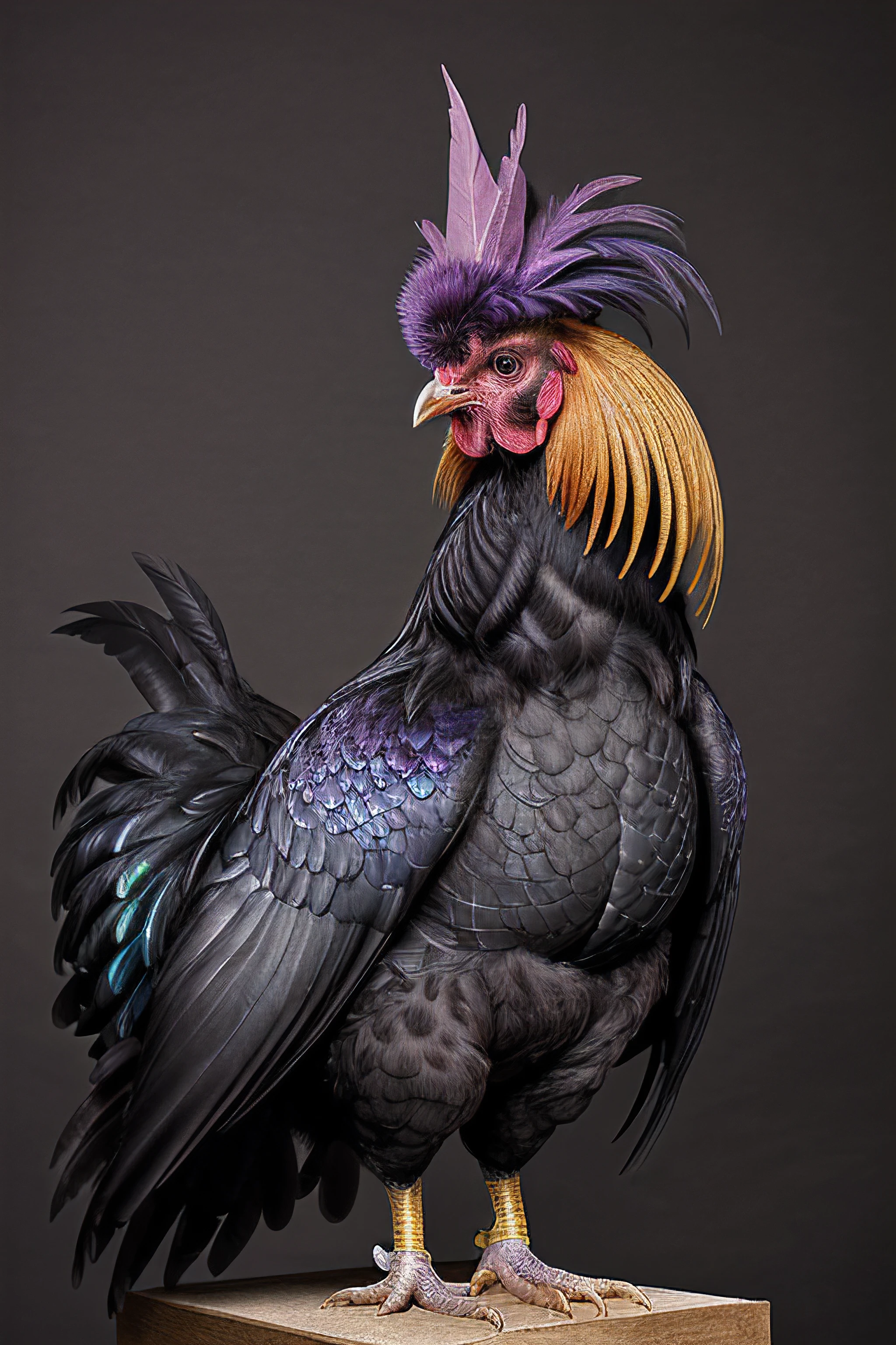 a professional pet photograph of (R005t3r:1.1) bird as a rooster chicken,with a (purple iridescent plume) with (colorful yellow tipped wing feathers),standing on a stage,competing in a pet show,extremely ornate and detailed plumage,facing the viewer,portrait,(simple studio background),rich details,modelshoot style,hyper realistic,intense,highly detailed,face_focus,looking_at_viewer,PA7_Portrait-MS,<lora:R005t3r_01A-final:0.8>,