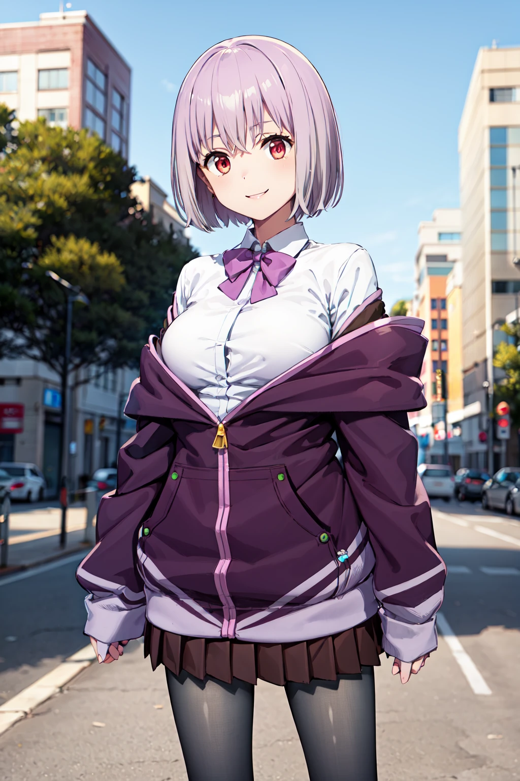 masterpiece,best quality,highres,ultra-detailed,aaakane,short hair,large breasts,school uniform,purple jacket,off shoulder,long sleeves,sleeves past wrists,bowtie,shirt,skirt,pantyhose,loafers,brown footwear,<lora:shinjou_akane:0.9>,outdoors,standing,cowboy shot,smile,