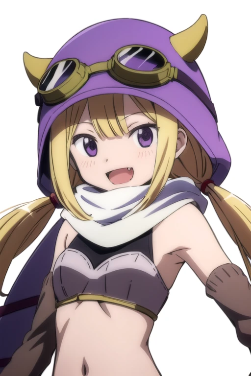 solo, 1girl, looking at viewer, sketch, flat colors, 2D, anime, anime coloring, upper body, (solid white background:1.3), <lora:felicia-madomagi-01:0.8>, felicia mitsuki, magical girl, helmet, goggles on helmet, scarf, detached sleeves, midriff, smile, :d, fang