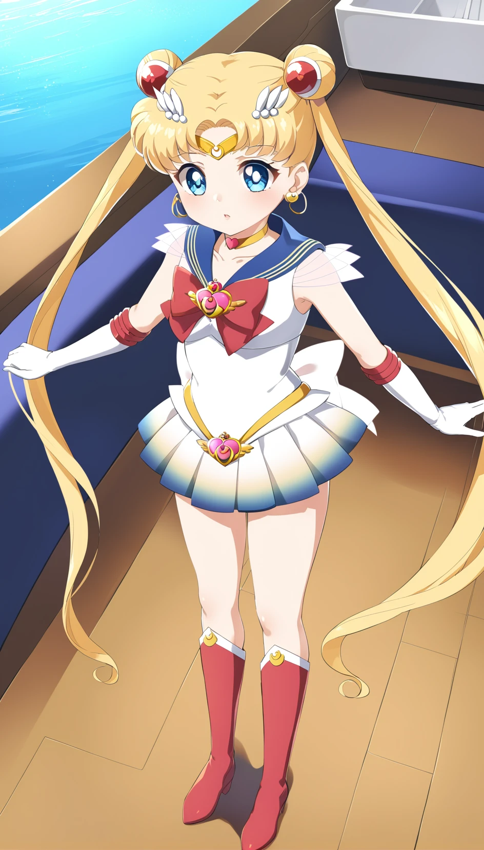 best quality, ultra-detailed, (1girl, solo,<lora:sdxl-supersailormoon-v1:1>, supersailormoon, double bun, twintails, circlet, earrings, choker, bow, gloves, leotard, miniskirt, whiskers,  standing, (full body:0.7), ,), on a boat