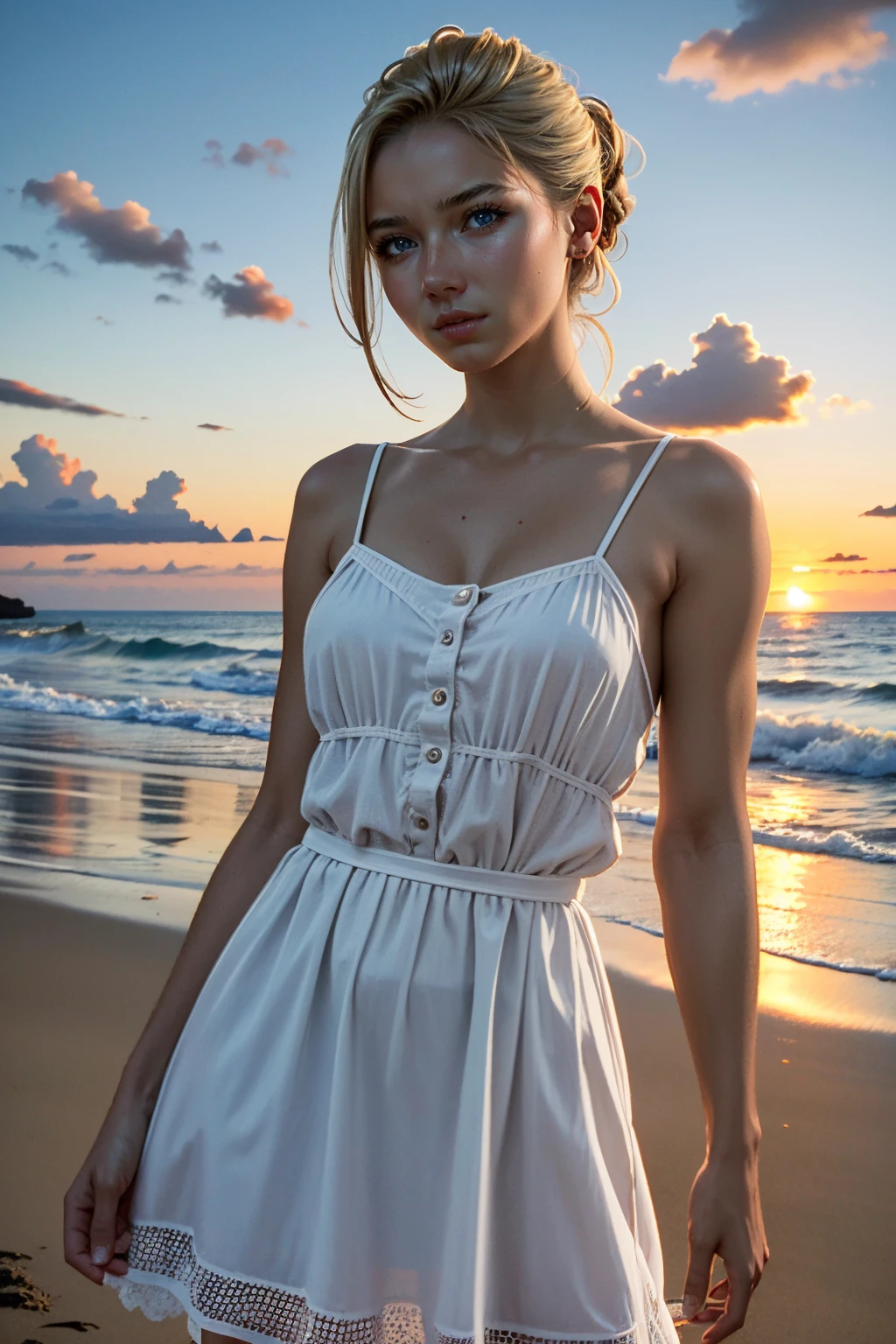 ((ultra detailed, masterpiece, absurdres))
<lora:UncElena:0.9>
UncElena, 1girl, solo, blue eyes, blonde hair, on a beach during a vibrant sunset, sundress, playing with the waves