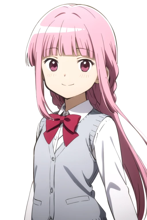 solo, 1girl, looking at viewer, sketch, flat colors, 2D, anime, anime coloring, upper body, (solid white background:1.3), <lora:iroha-madomagi-01:0.8>, iroha tamaki, white shirt, cardigan vest, bow, smile