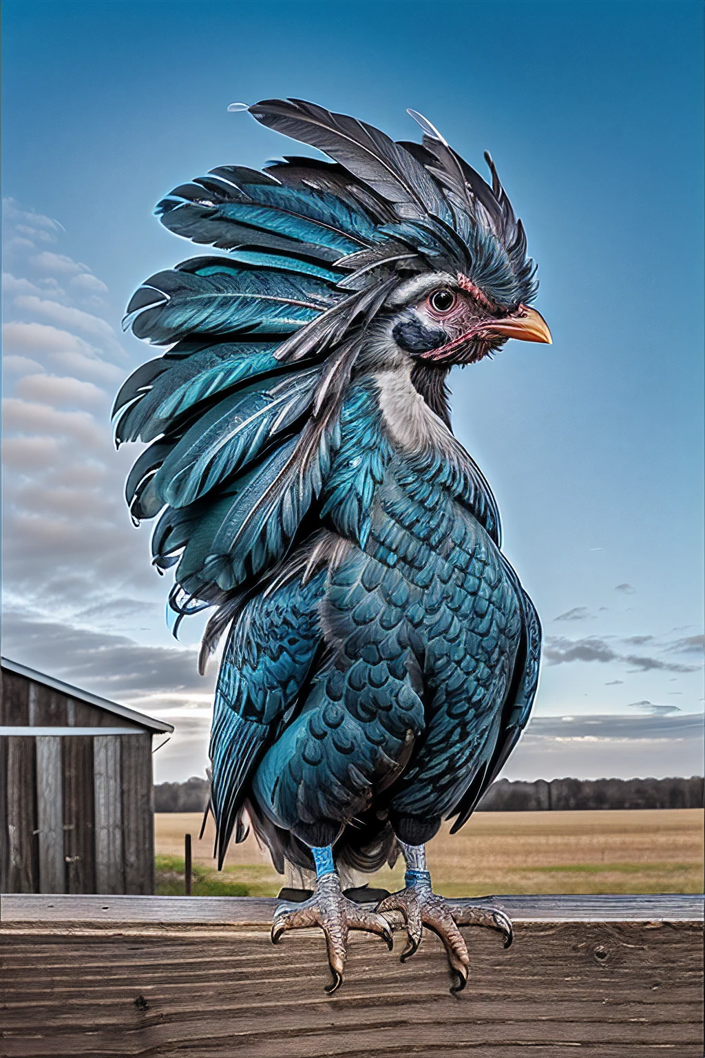 a professional photograph of (R005t3r bird:1.2) chicken,with a (blue plume) with (cream wing feathers),standing on a fence in a barn yard,extremely ornate and detailed plumage,facing the viewer,portrait,rich details,hyper realistic,intense,highly detailed,face_focus,looking_at_viewer,(no humans:1.4),PA7_Portrait-HL,<lora:R005t3r_01A-final:1.1>,