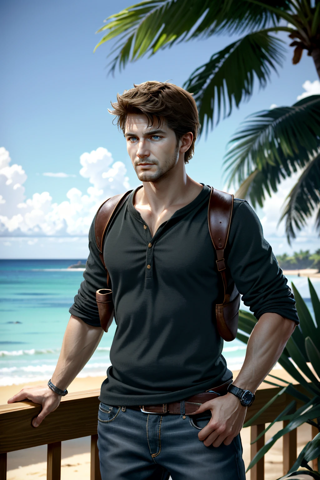 ((ultra detailed, masterpiece, absurdres))
<lora:UncNathan:0.9>
UncNathan, 1boy, solo, short hair, brown hair, blue eyes, cowboy shot, tropical Island, palm tree, ocean