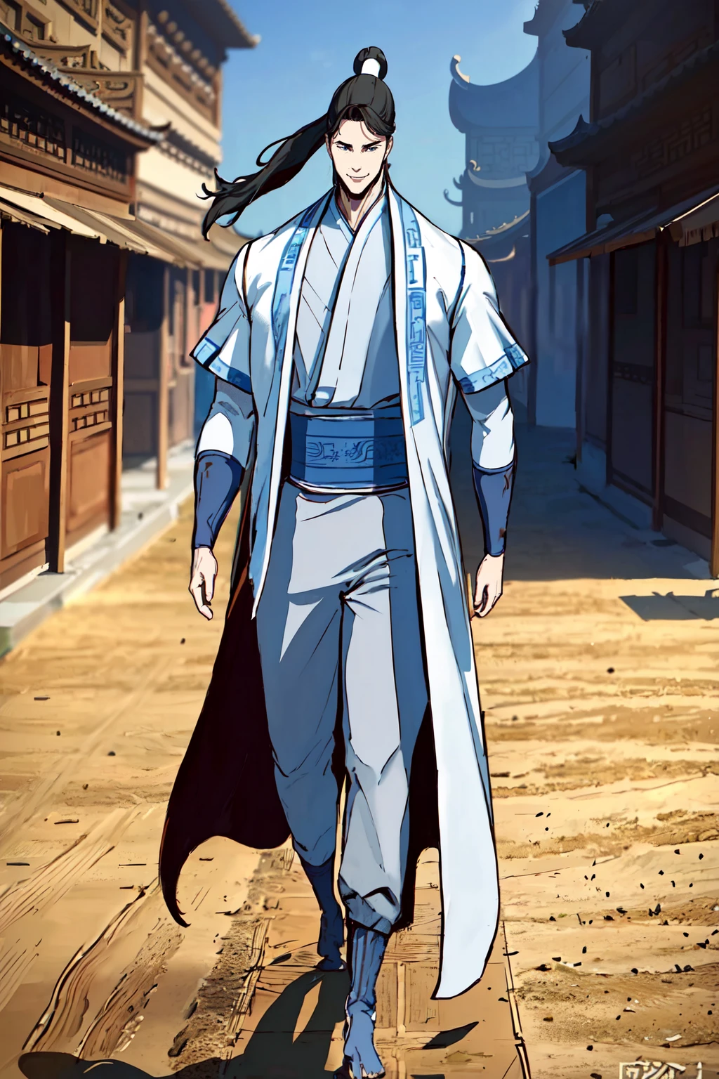 outdoor, side view, full body,a man walking in the dusty streets of an ancient chinese town, smiling, beautiful eyes, beautiful man, high detail skin, high detail eyes, high detail hair, highres, ultra detailed, sharpen picture, Highly detailed, masterpiece, best quality, photorealistic,
<lora:JinSoHanLoRA:1> 1boy, ponytail, long hair, chinese clothes, hair bun