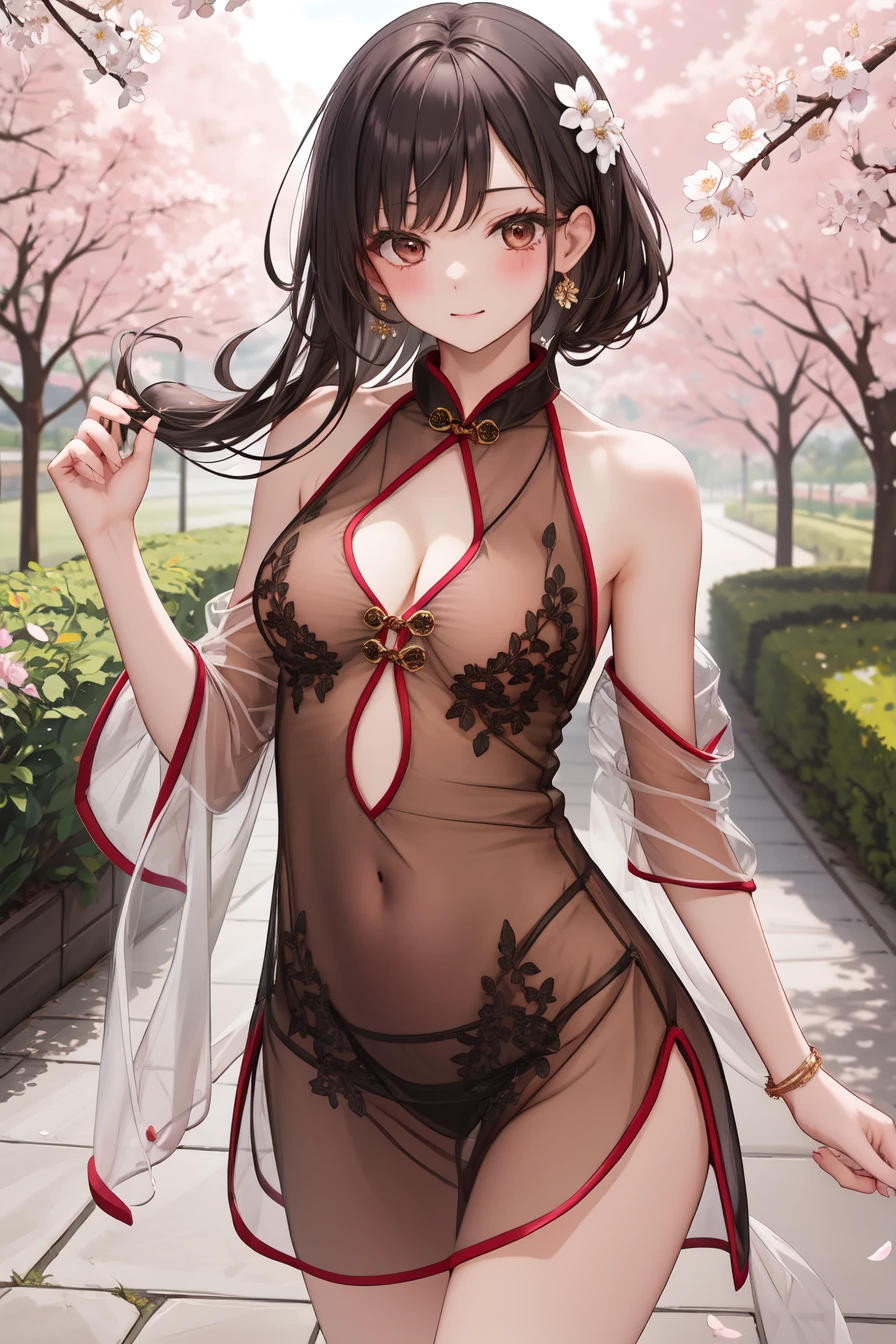 masterpiece,best quality,highres,ultra-detailed,(facing_viewer:1.1),cowboy_shot,solo,1girl,medium_breasts,straight_long_hair,standing,outdoors,garden,cherry blossom trees,<lora:Transparent_Cheongsam:1>,red Transparent_Cheongsam,clothing cutout,(see-through:1.2),