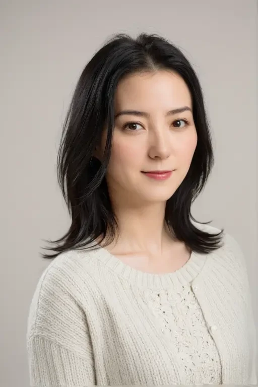 rihotaka, A studio portrait of a white woman, black hair, with casual long-sleeved clothes, centered frame, medium close up 3:4, natural soft background color