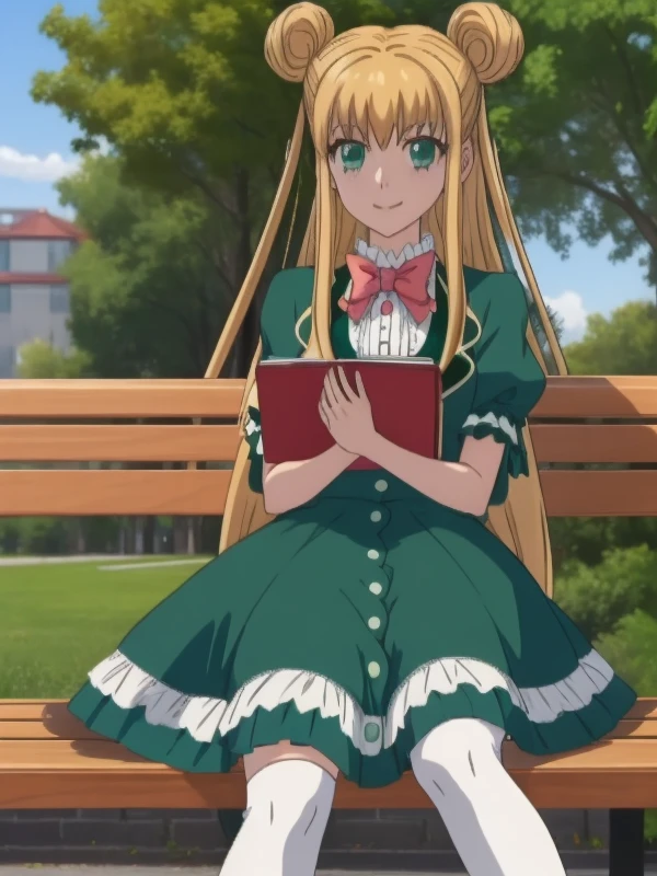 (masterpiece, highres, best quality, professional work:1.2), award winning, photorealism, photorealistic, photo,
<lora:Infinity Nado - Cecilia:1> Cecilia, blonde hair, tailbone length hair, green eyes, green dress, red bow, green pendant, two buns hairstyle, white extra long thigh high socks, red slippers, sit on a bench in the park, sunny day, full body, smile, looking at viewer