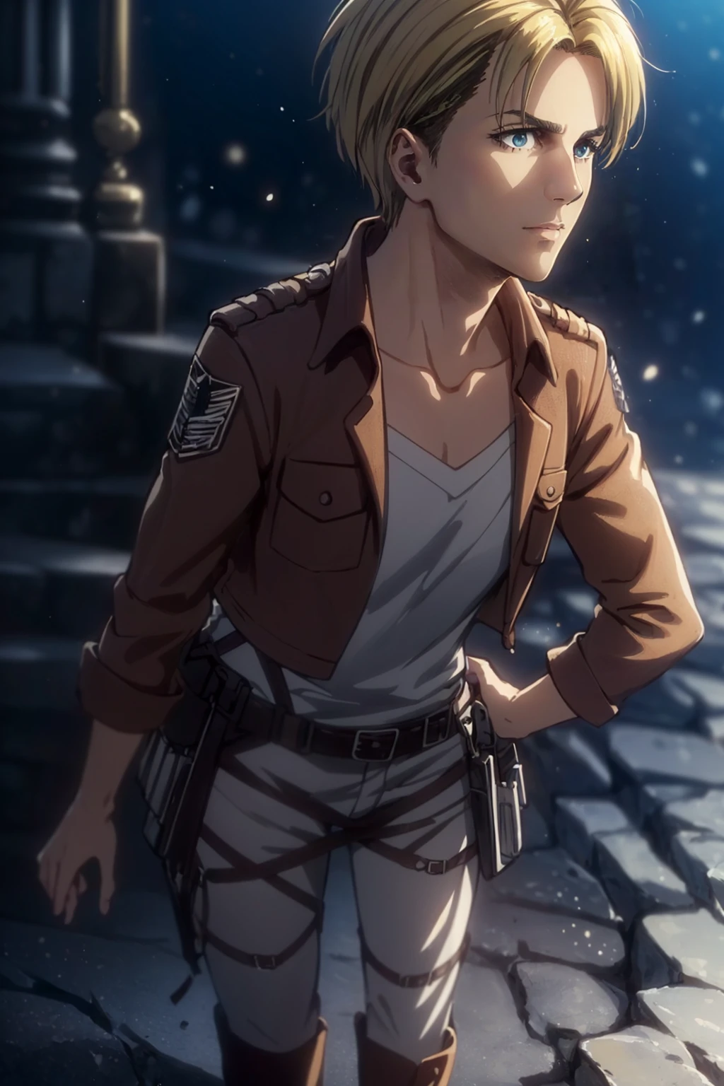 1girl,  solo,  Nanaba,  Attack on Titan,  blue eyes,  wore standard Survey Corps uniform with a light-colored v-neck underneath,  (blond hair,  short hair),  petite build,  beautiful,  handsome female,  charming,  alluring,  gentle expression,  soft expression,  calm,  smile (standing),  (full body in frame),  simple background,  grey stone crenellation,  dark blue sky,  early mornig,  daylight,  dawn light,  cinematic light,  perfect anatomy,  perfect proportions,  8k,  HQ,  HD,  UHD,  (best quality:1.5,  hyperrealistic:1.5,  photorealistic:1.4,  madly detailed CG unity 8k wallpaper:1.5,  masterpiece:1.3,  madly detailed photo:1.2),  (hyper-realistic lifelike texture:1.4,  realistic eyes:1.2),  picture-perfect face,  perfect eye pupil,  detailed eyes,  dynamic,  (dutch angle),  (side view),  AttackonTitan, perfecteyes,  Nanaba, 1 girl,<lora:EMS-498-EMS:0.200000>,<lora:EMS-269932-EMS:0.600000>,<lora:EMS-1093-EMS:0.600000>